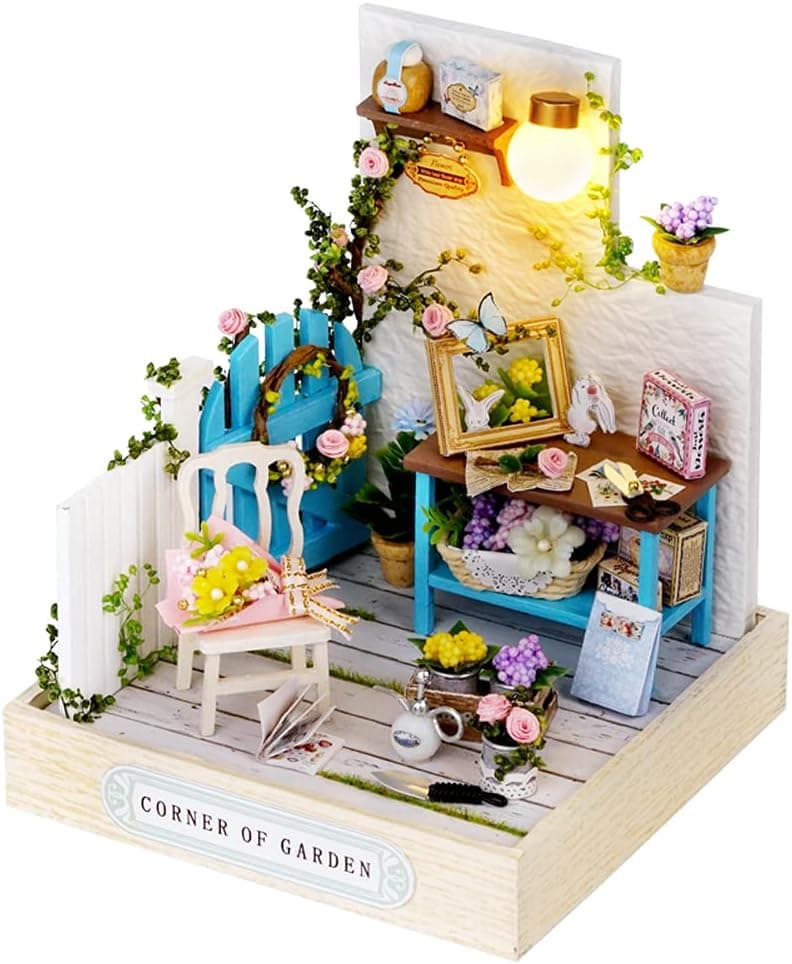 Kisoy Dollhouse Miniature with Furniture Kit, DIY 3D Wooden DIY House Kit with Dust Cover,Handmade Tiny House Toys for Teens Adults Gift (Corner of Garden)