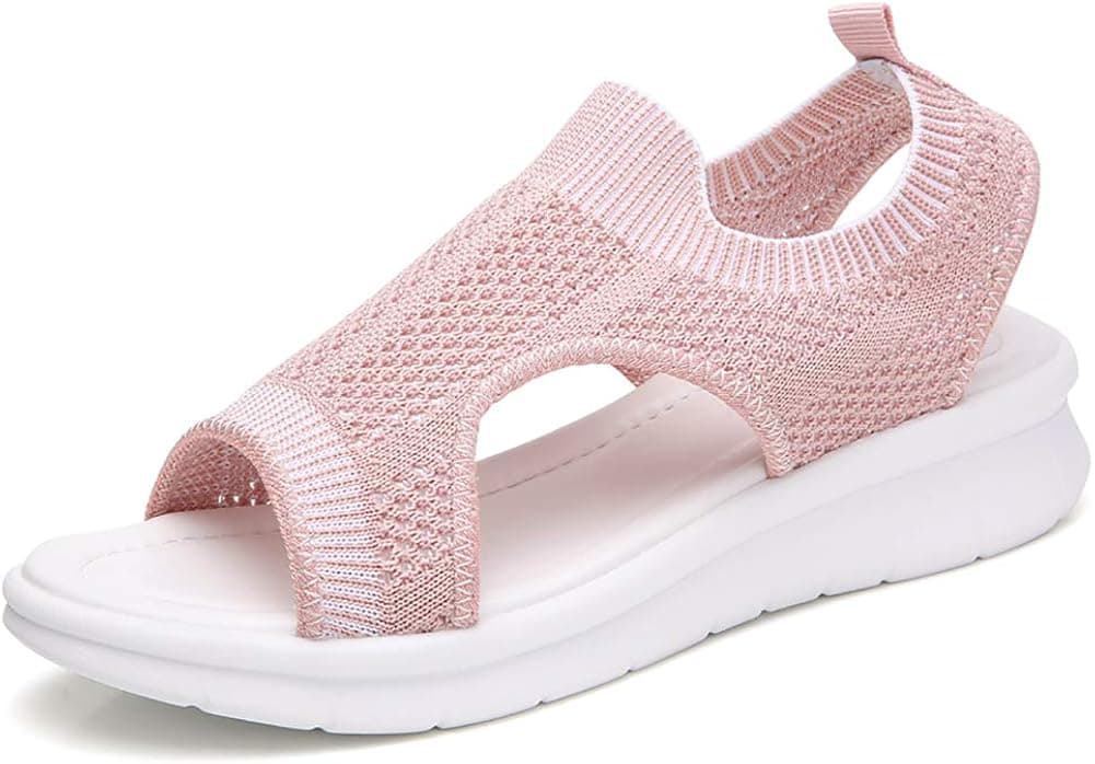 Trsorini Mesh Sandals for Women Ankle Elastic Comfortable Lightweight Soft Casual Beach Shoes for Lady Open Toe Wedges Shoes Daily Walking Sandals Pink Size 6