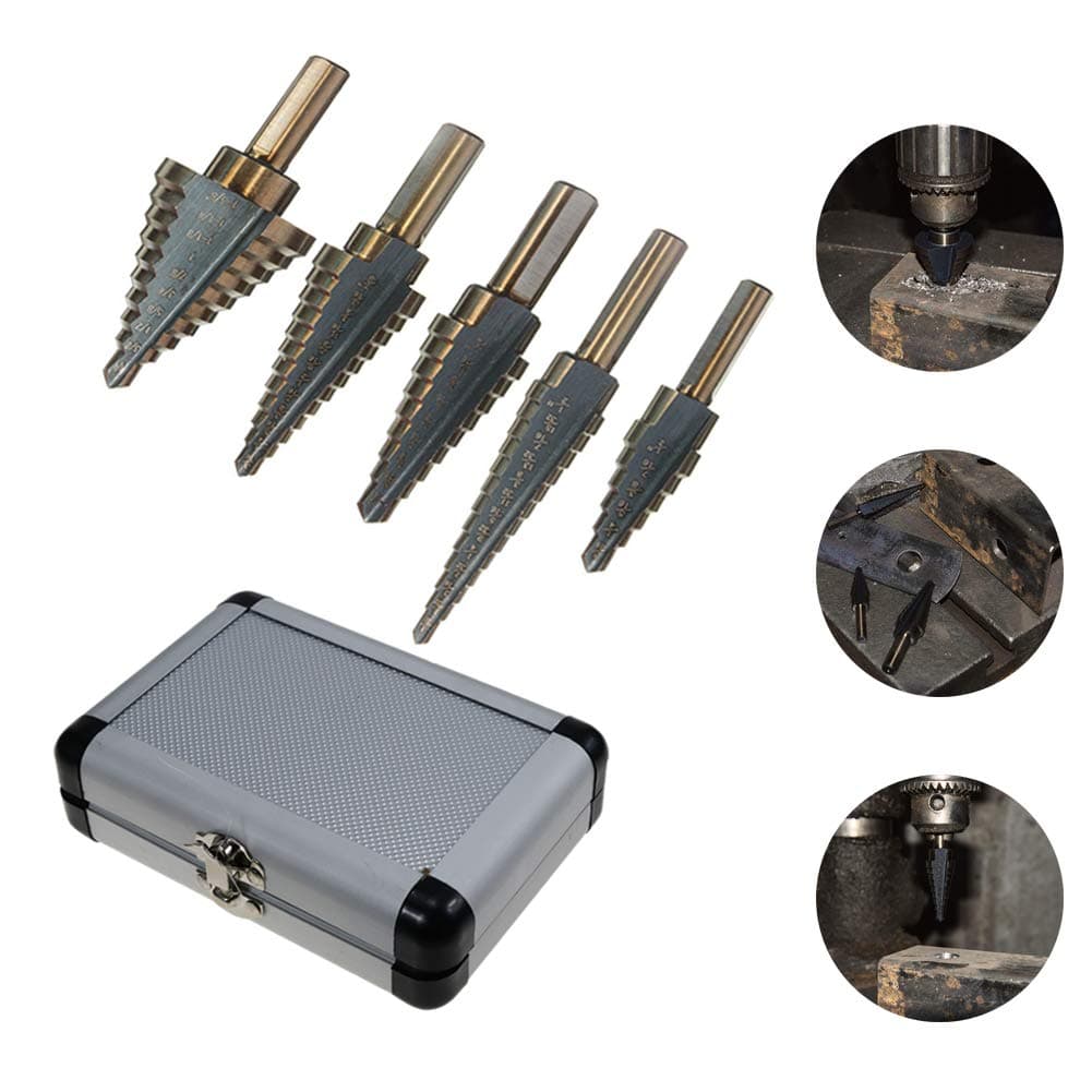 Step Drill Bit Set,Classic Titanium High Speed Steel Unibit Drill Bits Double Cutting Blades Design with Aluminum Case