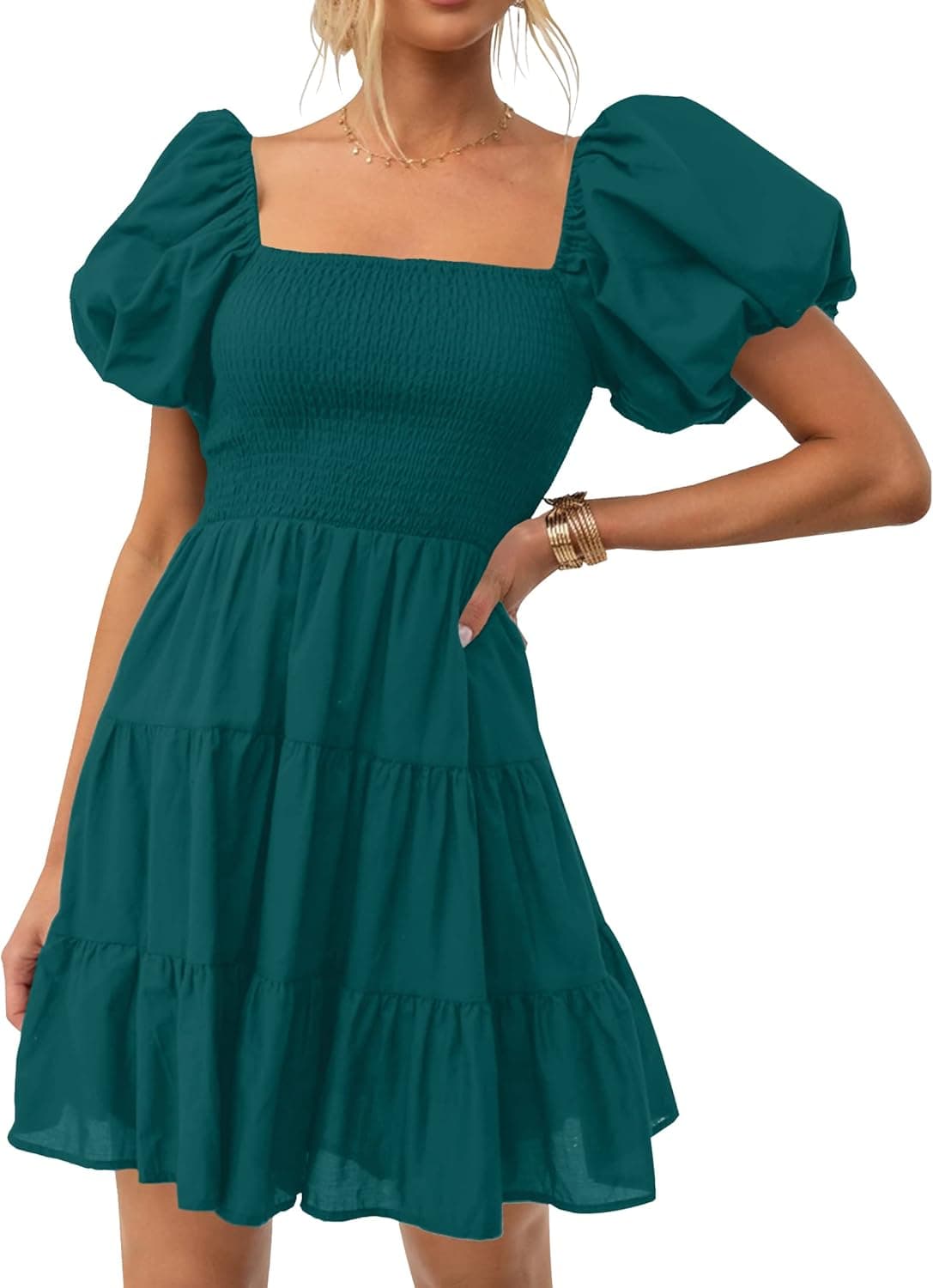 ZESICA Women's 2023 Boho Summer Square Neck Puff Sleeve Off Shoulder Smocked Tiered Casual A Line Short Mini Dress