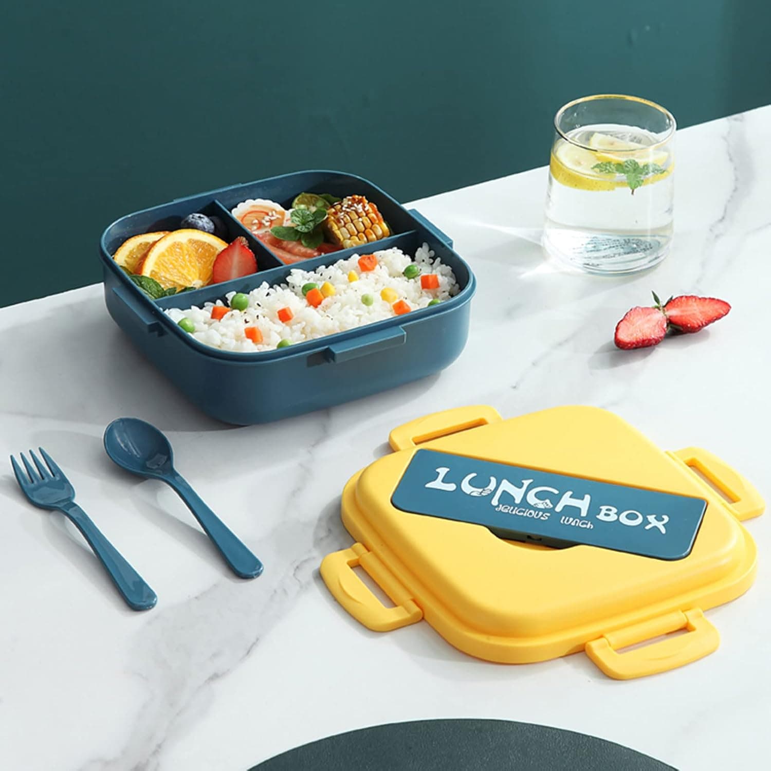 Japanese Bento Lunch Box, 3-Compartment Stackable Bento Lunch Box Container with Utensil, Leak-Proof Eco-Friendly Food Blue