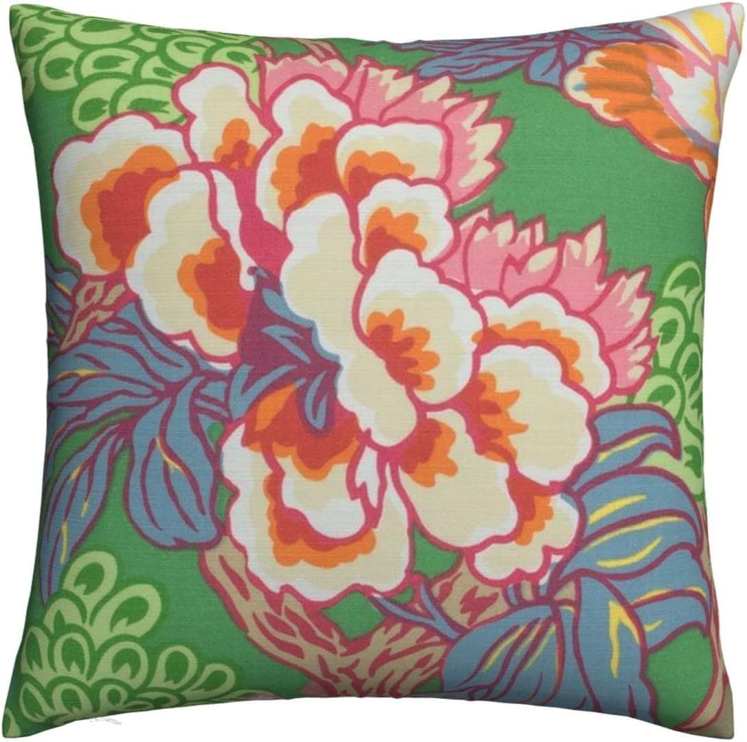 QIEARA Green Chinoiserie Floral Throw Pillow Covers Soft Pillowcases Decorative Cushion Cover for Home Office Sofa Couch Bed Armchair 18"x18"