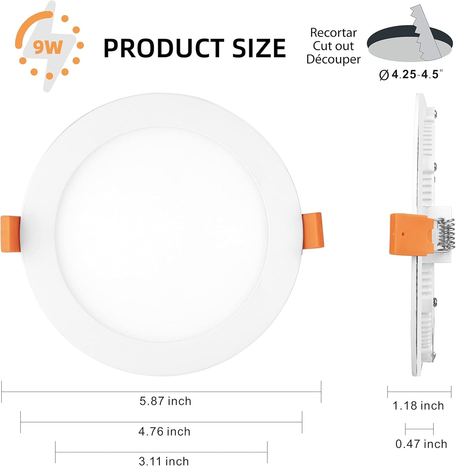 obstime 6 Pack 4 Inch Ultra-Thin Recessed Ceiling Light Slim with Junction Box,2700K/3000K/4000K/5000K/6000K Selectable,CRI 90,9W Eqv 80W, Dimmable LED Can Wafer Lights, High Brightness Downlight