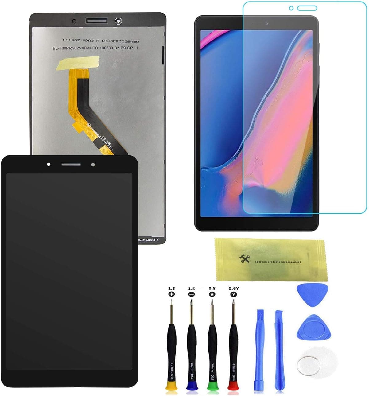 LCD Screen Replacement and Digitizer Full Assembly for Samsung Galaxy Tab A 8.0 (2019) SM-T295 with Tempered Glass Screen Protector with Free Tool (Black)