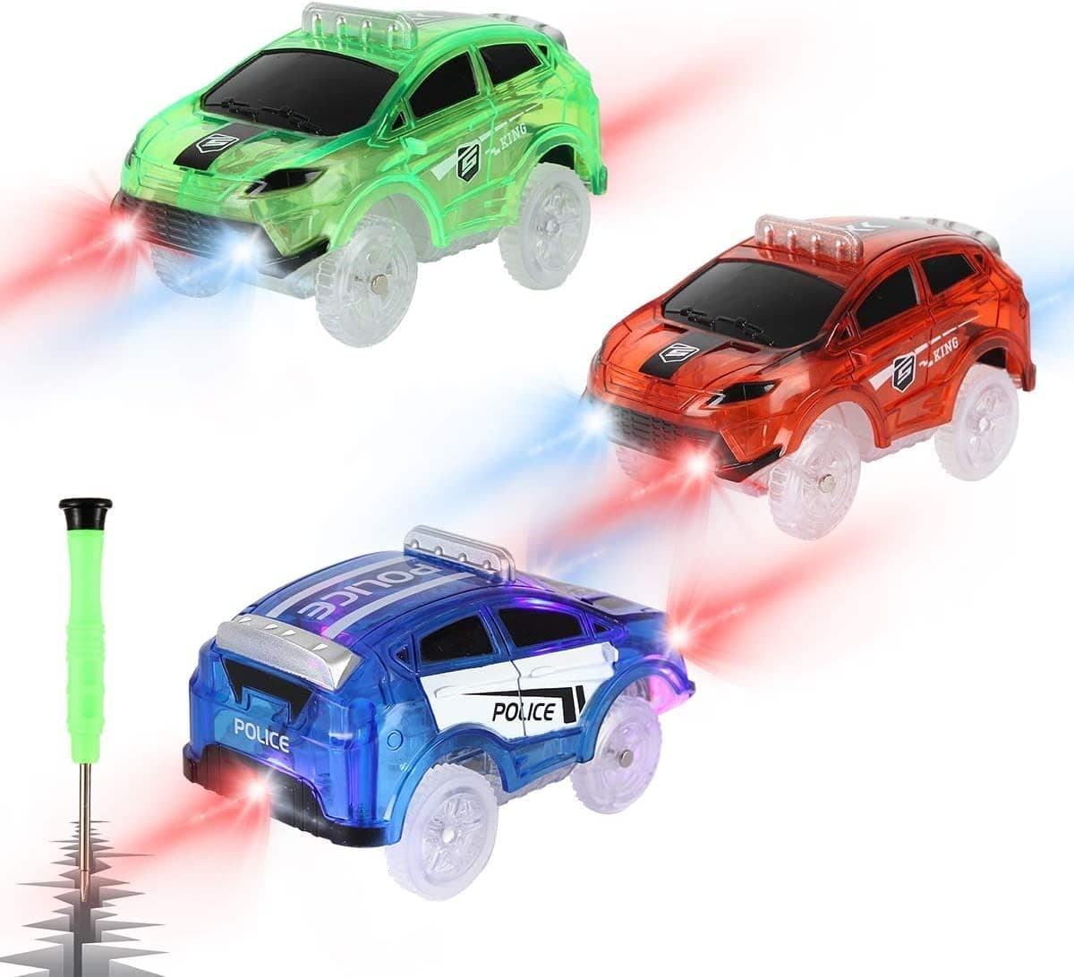 Tracks Cars Replacement only, Toy Cars for Most Tracks Glow in The Dark, Racing Car Track Accessories with 5 Flashing LED Lights, Compatible with Most Tracks for Kids Boys and Girls（Red Yellow Blue）