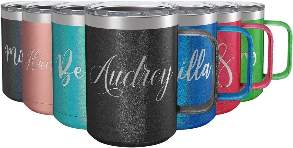 Personalized Coffee Mug Black Silver Glitter 15 oz with Lid and Handle Custom Engraved Gift Stainless Steel Vacuum Insulated Cup