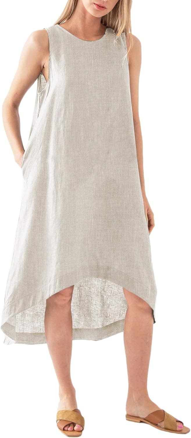 Amazhiyu Women’s 100% Linen High Low Midi Dress with Pockets for Summer Casual Flowy Dresses