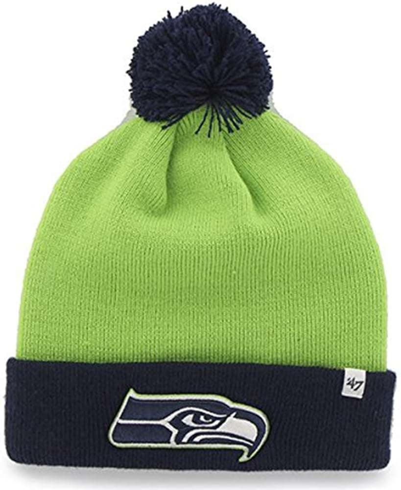 47 Brand 2-Tone"Bounder" Beanie Hat with POM POM - NFL Cuffed Winter Knit Toque Cap (Seattle Seahawks)