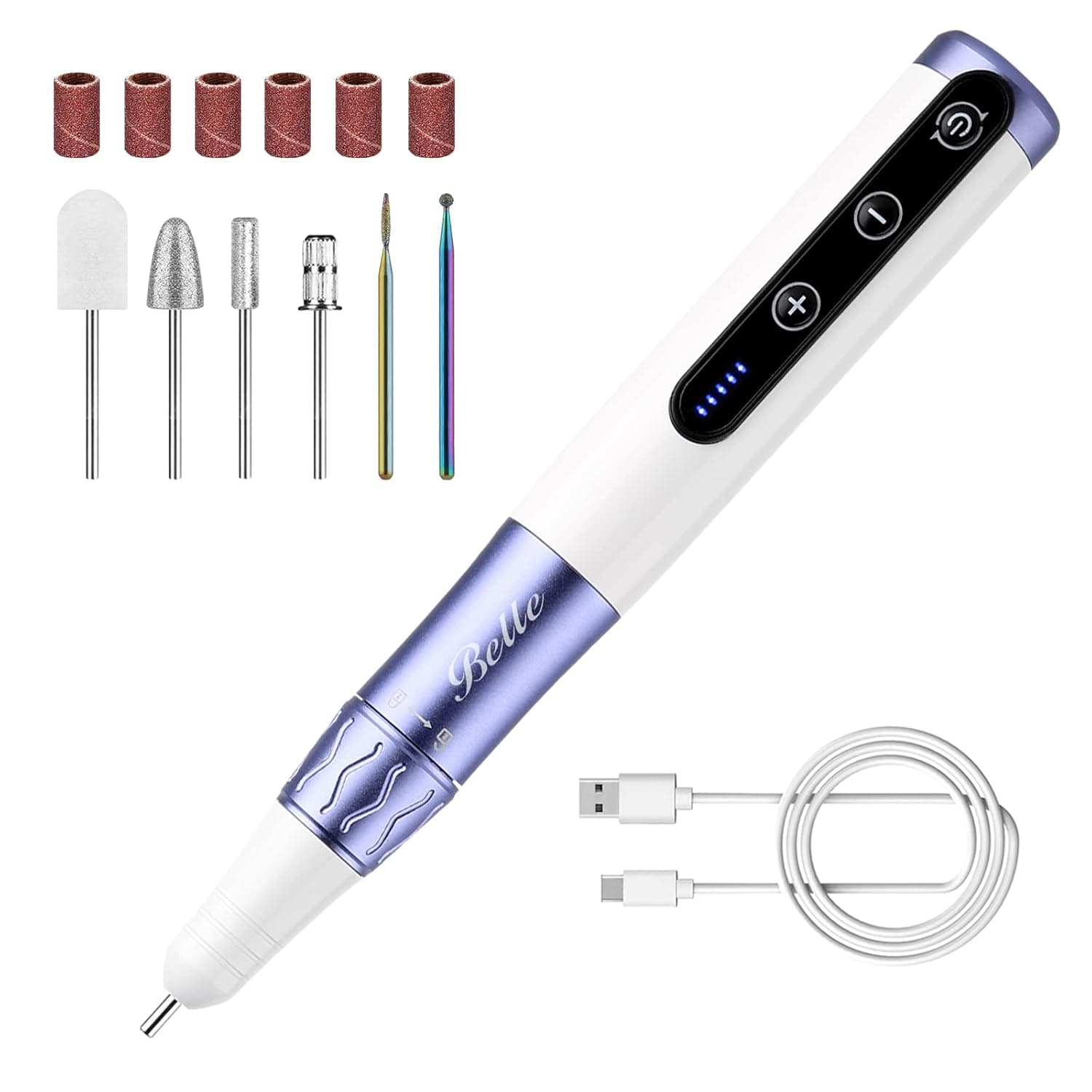 Belle Electric Nail Drill, 30000RPM Cordless Portable Manicure Pedicure Tool File kit 3 Speed Wireless Nail Drill Machine with Bits Sanding Bands for Acrylic Nails Professional Care Home Salon
