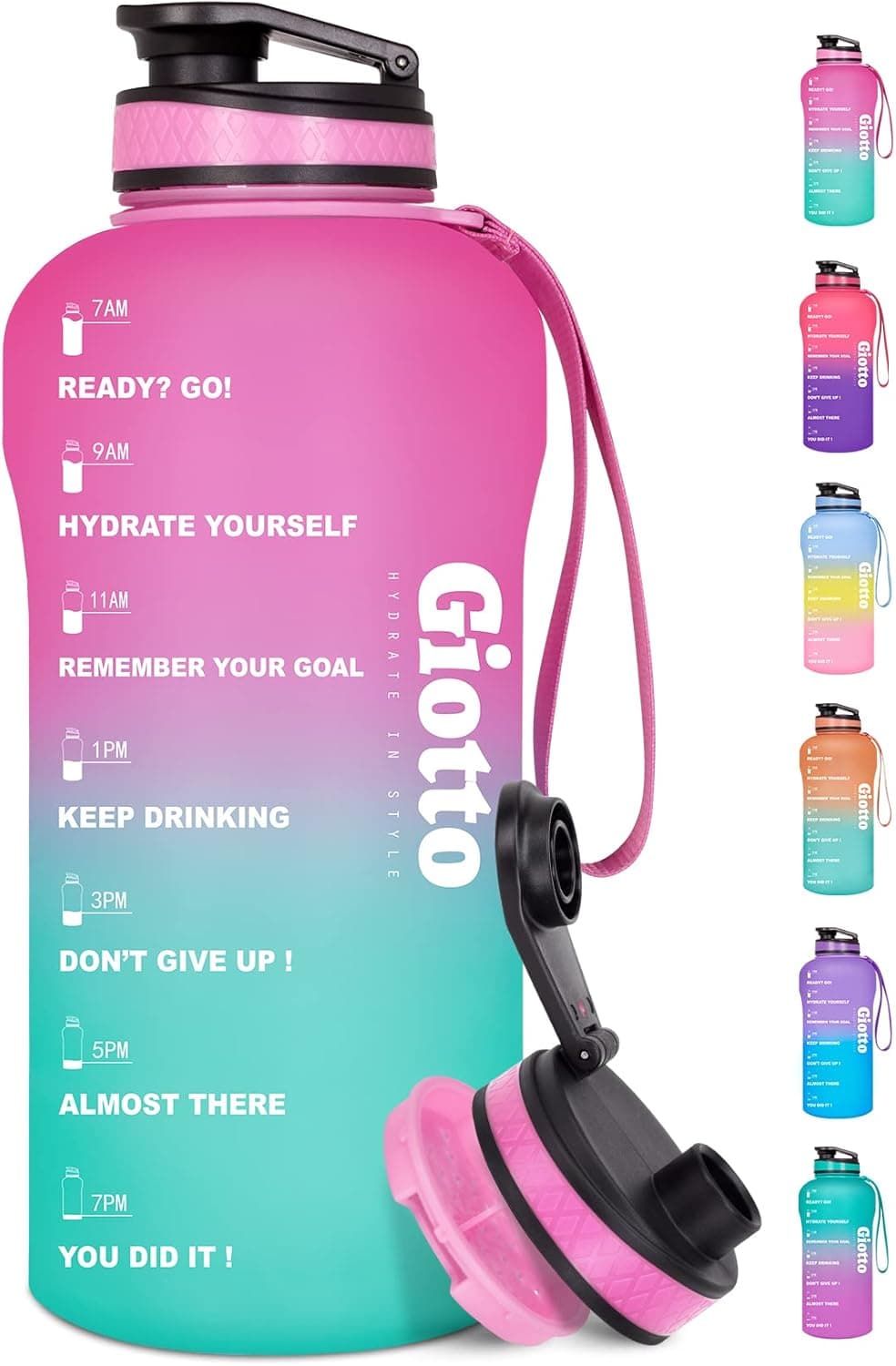 Giotto Large Half Gallon/64oz Motivational Water Bottle with Time Marker & Removable Strainer, Leakproof BPA Free Water Jug to Remind You Drink More Water, Hydrate in Style
