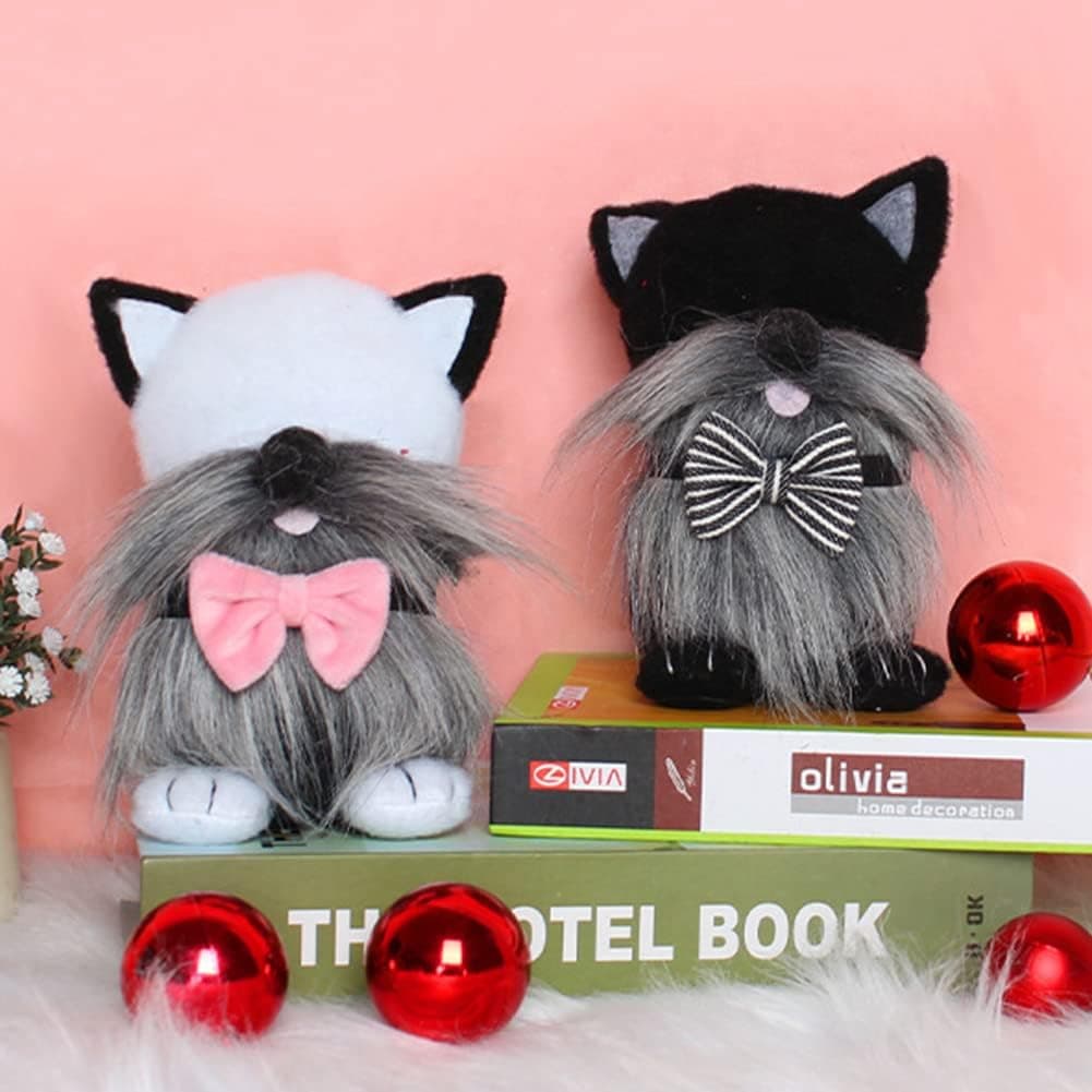 2 Pcs Cat Gnomes Plush,URMAGIC 7 Inch Swedish Tomte Gnomes with Cat Ears and Bows,Handmade Cat-Shaped Gnome Plush Dolls,Gift for Cat Lovers,Plush Christmas Gnomes,Valentines Day Gnome,Couples Gifts