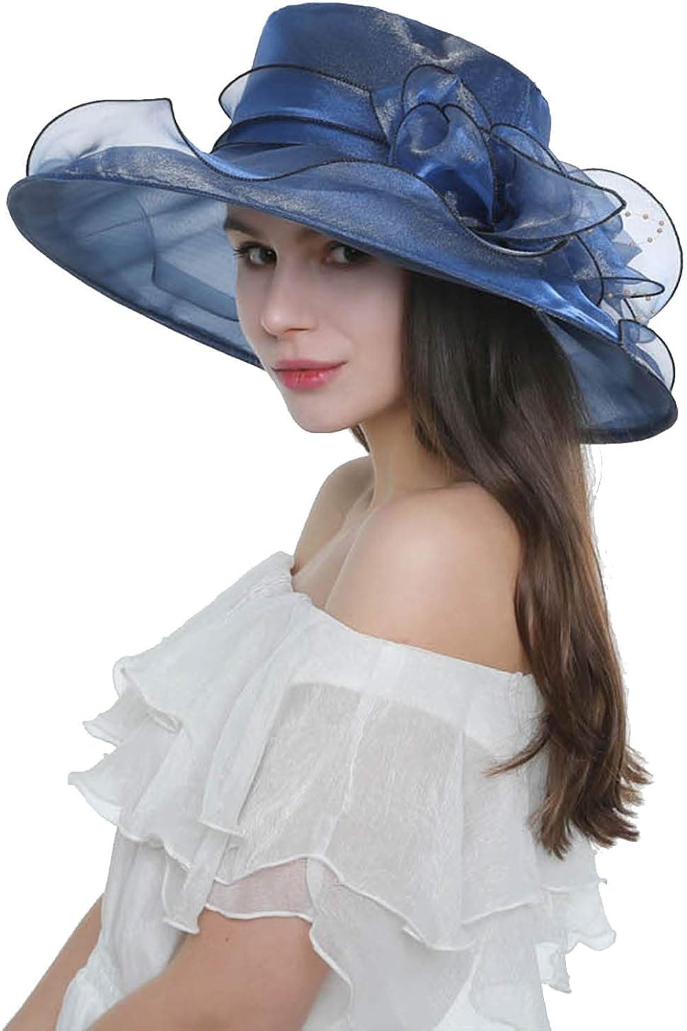 Women Ladies Wide Brim Organza Hat Kentucky Derby Fascinator Cap Tea Party Wedding Hat Summer Sunshade Hat