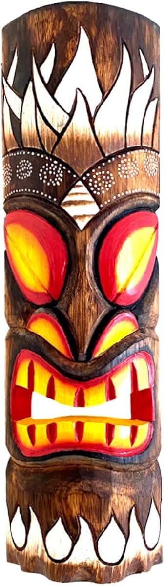 OMA Wooden Hand Crafted Tiki Mask With Stunning Details Tropical Flames Island Art Wall Mask Hanging Home Decor Gift Large 20"
