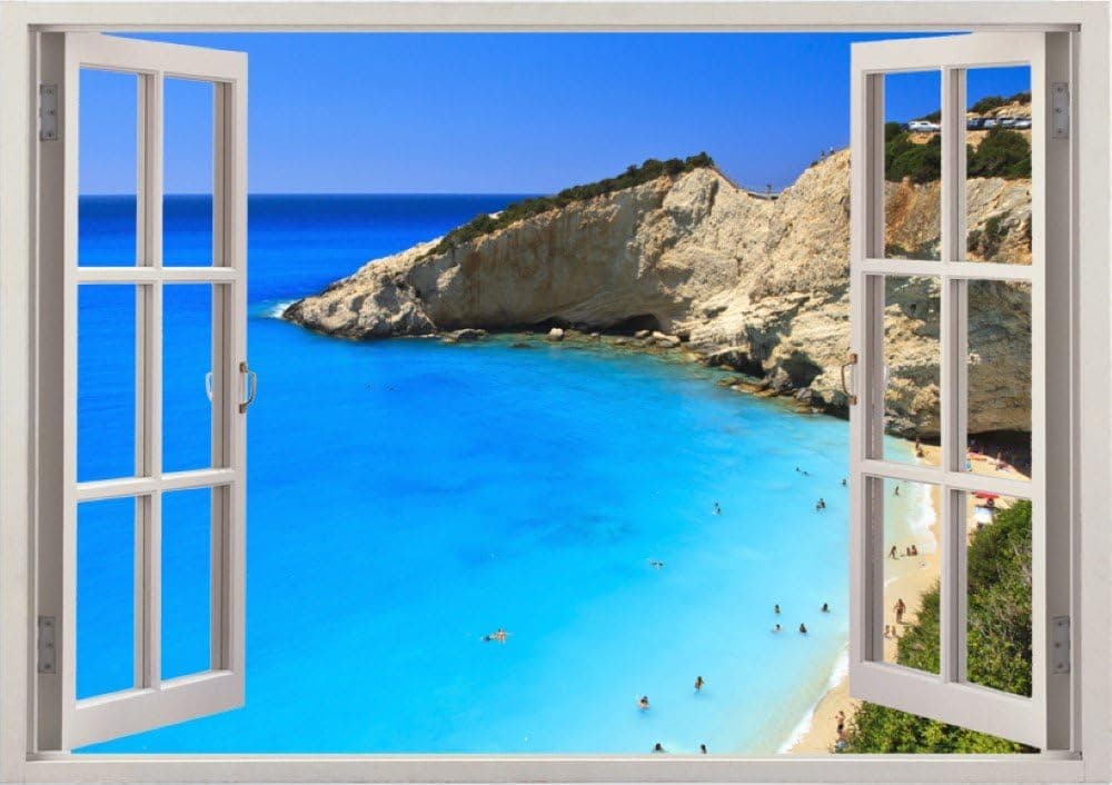 Realistic Window Wall Decal – Peel and Stick Nautical Decor for Living Room, Bedroom, Office, Playroom – Beach Wall Murals Removable Window Frame Style Ocean Wall Art – Vinyl Poster Wall Stickers