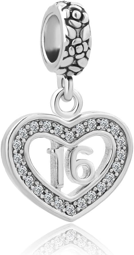 ShinyCharm Heart "Number 16 Sixteen 16th Birthday Sweet Sixteen" Charm Bead For Bracelets