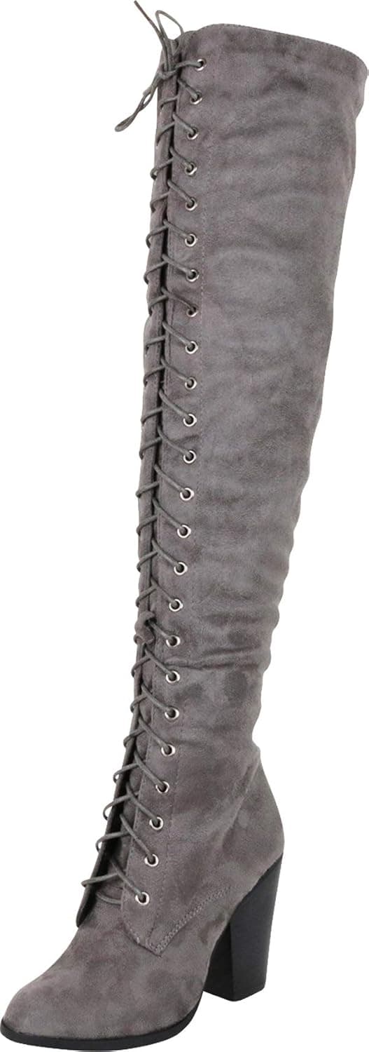 Cambridge Select Women's Thigh-High Lace-up Chunky Stacked High Heel Over The Knee Boot,8 M US,Grey IMSU