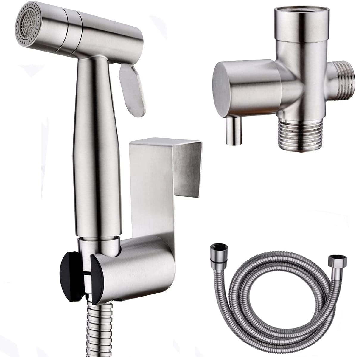 TRUSTMI Handheld Bidet Sprayer for Toilet with Hose, 2 Setting Baby Cloth Diaper Spray, Brushed Nickel Attachment for Feminine Wash, T Valve Included, Stainless Steel