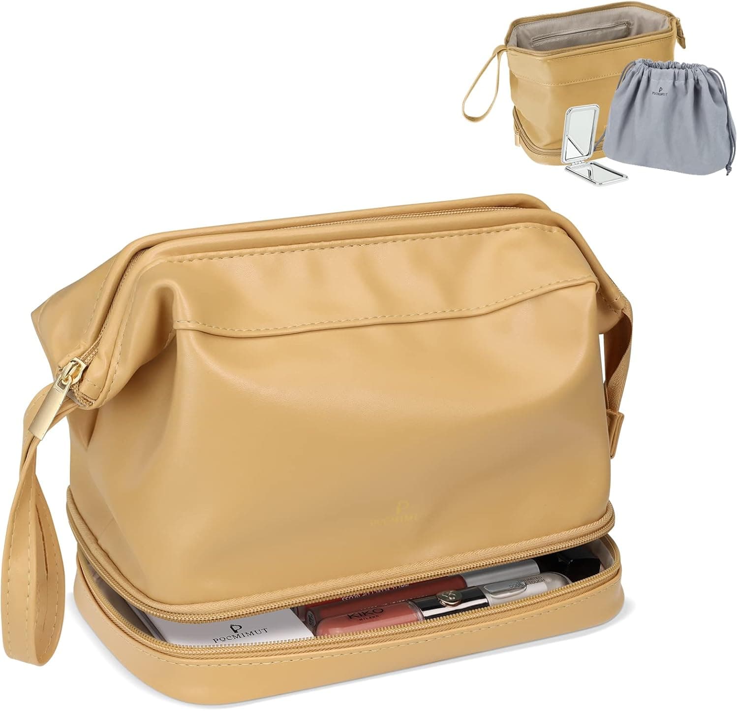 Pocmimut Leather Makeup Bag,Makeup Bag Cosmetic Bag for Women 2-in-1 Portable Drawstring Travel Makeup Bag with Mirror Large Double Layer Make Up Brush Bags(KHAKI)