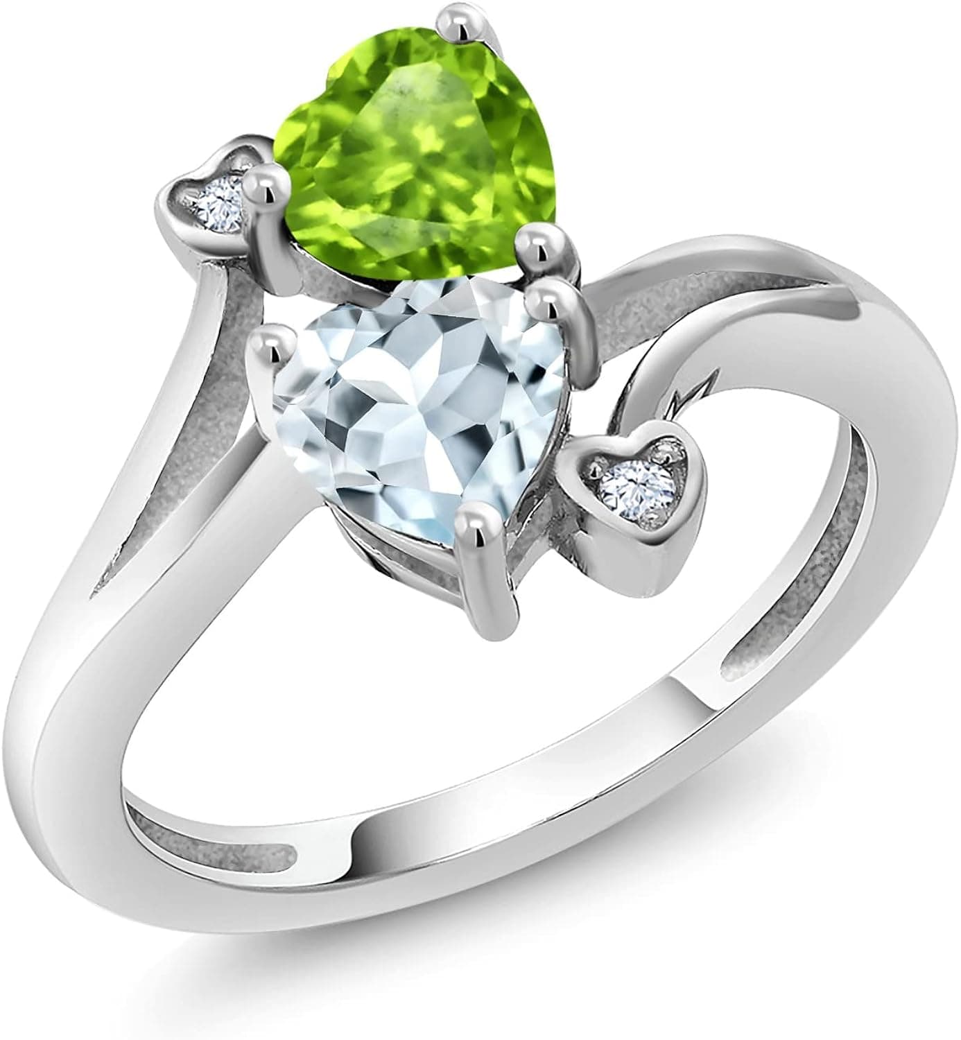 Gem Stone King 925 Sterling Silver Green Peridot and Sky Blue Aquamarine Women Ring (1.53 Ct Heart Shape Gemstone Birthstone, Available in size 5, 6, 7, 8, 9)