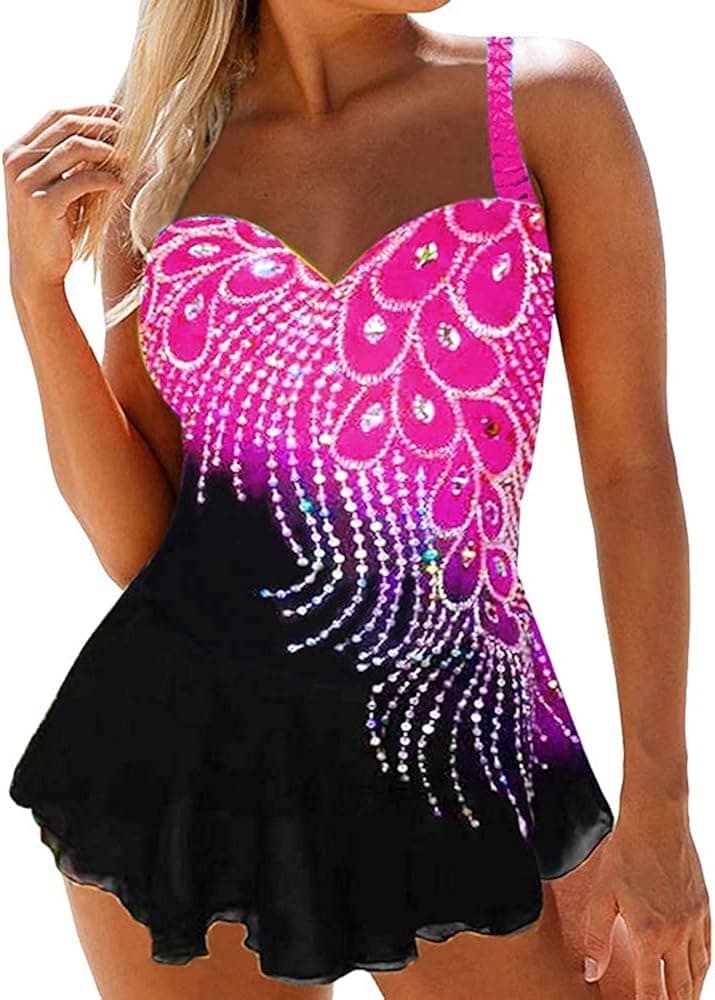CNSTORE Womens Feather Sequins Print Tankini Swimwear Two Piece Set Tummy Control Swimming Bathing Suit Swimsuits