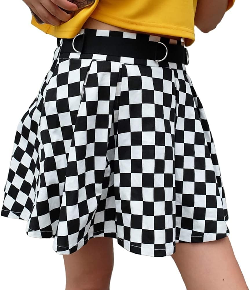 Women Black and White Plaid Checkerboard High Waist Skirt Streetwear Cotton Skirts Dancing Short Mini Skirts (M)
