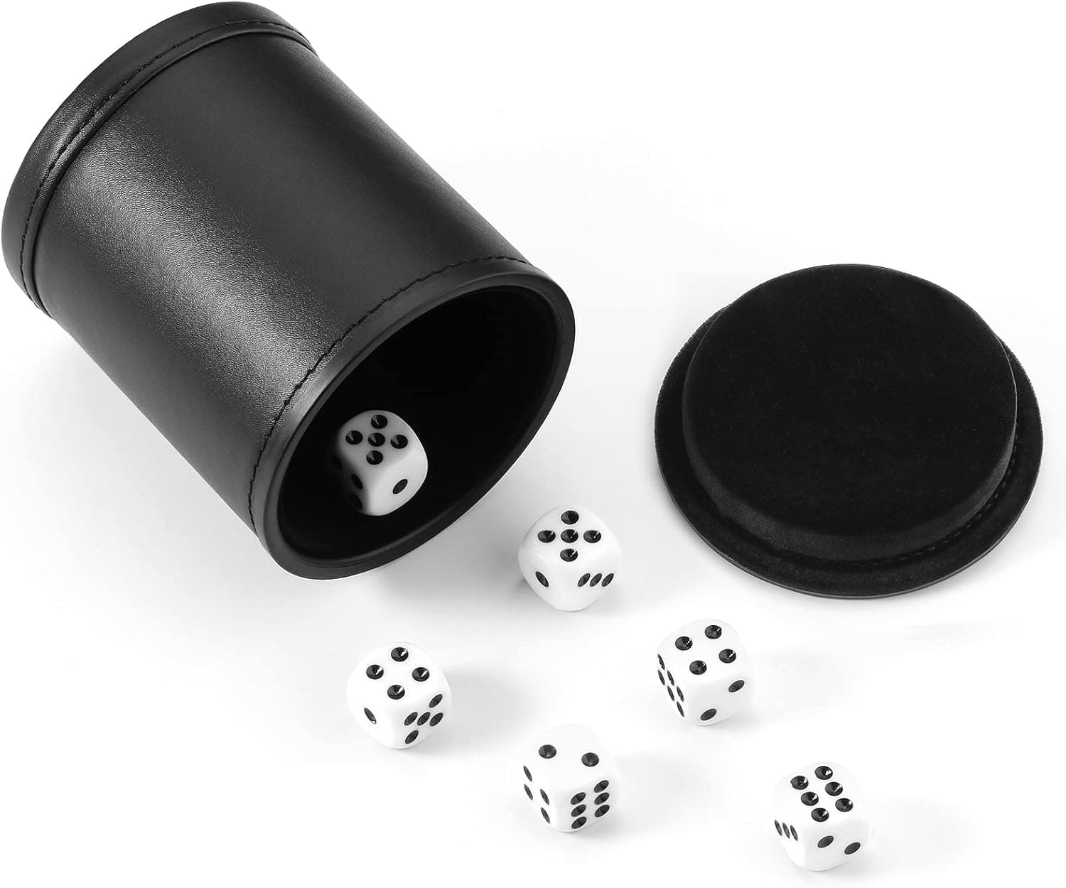 Dice Cup with Lid, PU Leather and Felt-Lined, Quiet Shaker for Yahtzee Farkle Dice Board Games, Set of Six 16mm Dice Included