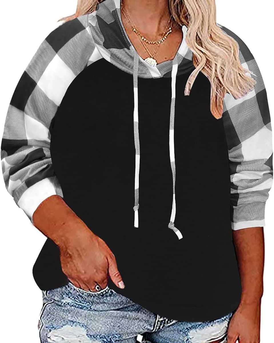 TIYOMI Plus Size Drawstring Hoodies Women Raglan Sweatshirt Round Neck Colorblock Tops Autumn Fall Winter Hoodie XL-5XL 14-28