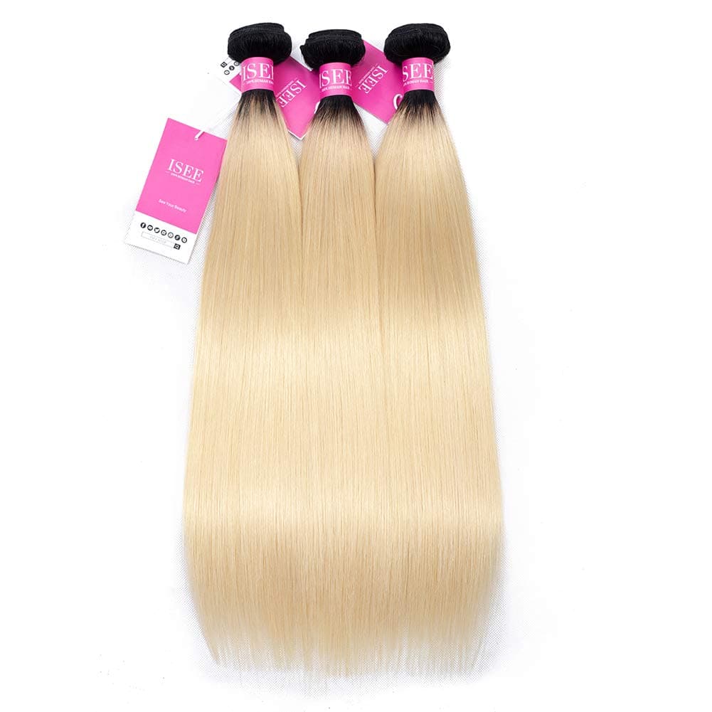 ISEE Hair Unprocessed Brazilian Remy Virgin Hair 1B/613 Dark Roots Ombre Blonde Natural Straight Hair Bundles 3 Bundles Human Hair Extensions Hair (16 18 20inches)