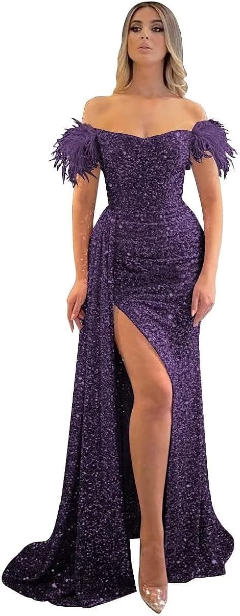 Mermaid Sequin Prom Dresses 2023 with Slit Feather Off Shoulder Formal Evening Gowns for Women