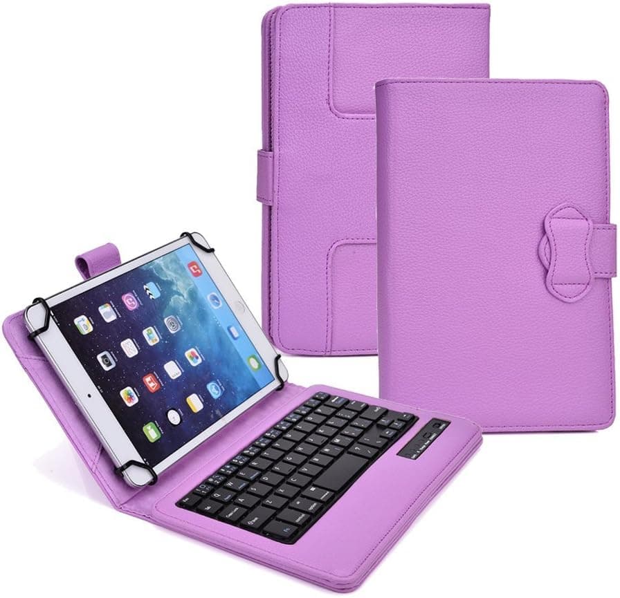 Tsmine iROLA DX758 Pro Tablet 7" Wireless Keyboard Case - Universal 2-in-1 Detachable Wireless Keyboard [QWERTY] w/Folio Leather Case Stand Cover [NOT Include Tablet], Purple