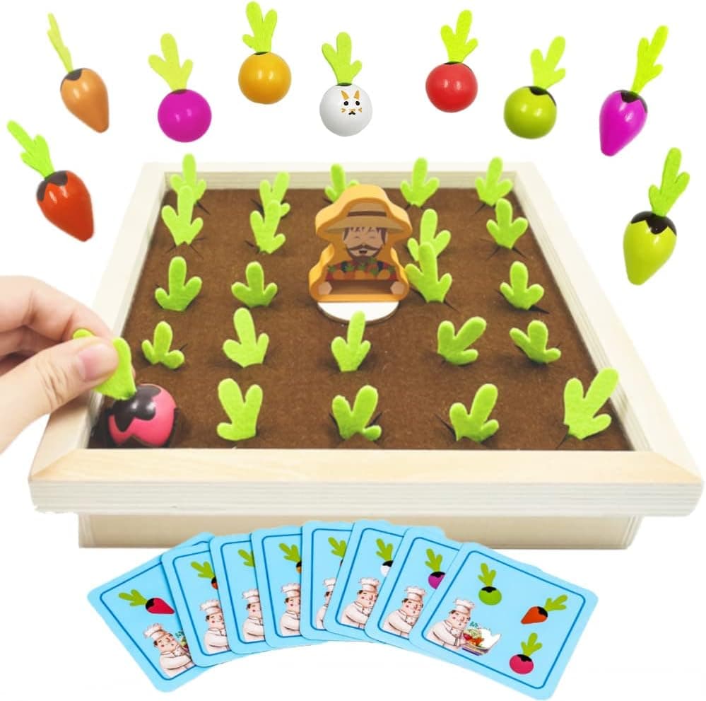 Carrot Harvest Game Montessori Preschool Educational Memory Color Sorting Matching Puzzle Wooden Toy Radishes Shape Pulling Fine Motor Skill Gifts for Toddlers Kids 3 4 5 Years Old Baby Boys Girls