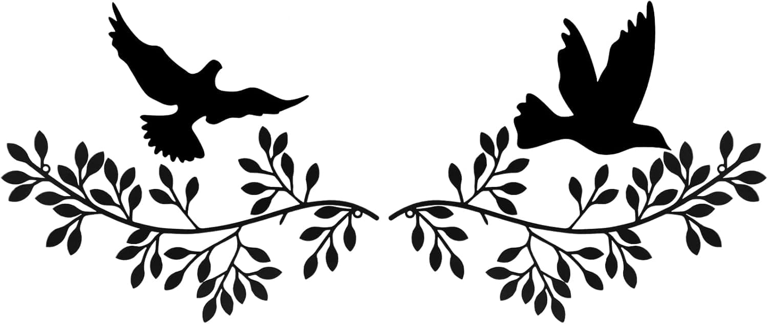 YGAOHF 4 Pcs Black Metal Wall Decor, 2 pcs Metal Tree Leaf Wall Decor with 2 Dove Stickers, Vine Olive Branch Art Wrought Iron Scroll Wall Decor Above The Bed, Living Room, Indoor Outdoor Decorations