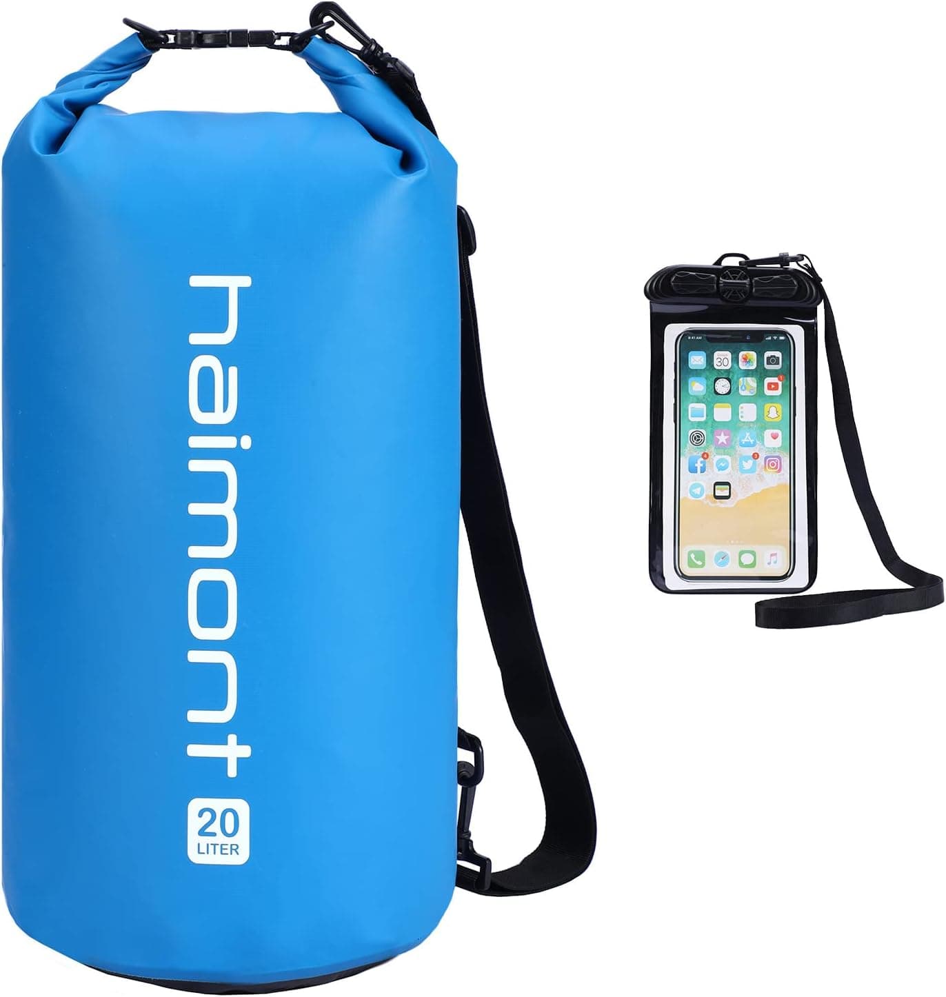 Haimont Waterproof Dry Bag Floating Dry Sack Roll Top Dry Backpack for Kayaking, Rafting, Boating, SUP, Fishing with IPX8 Waterproof Phone Case, Blue, 20L
