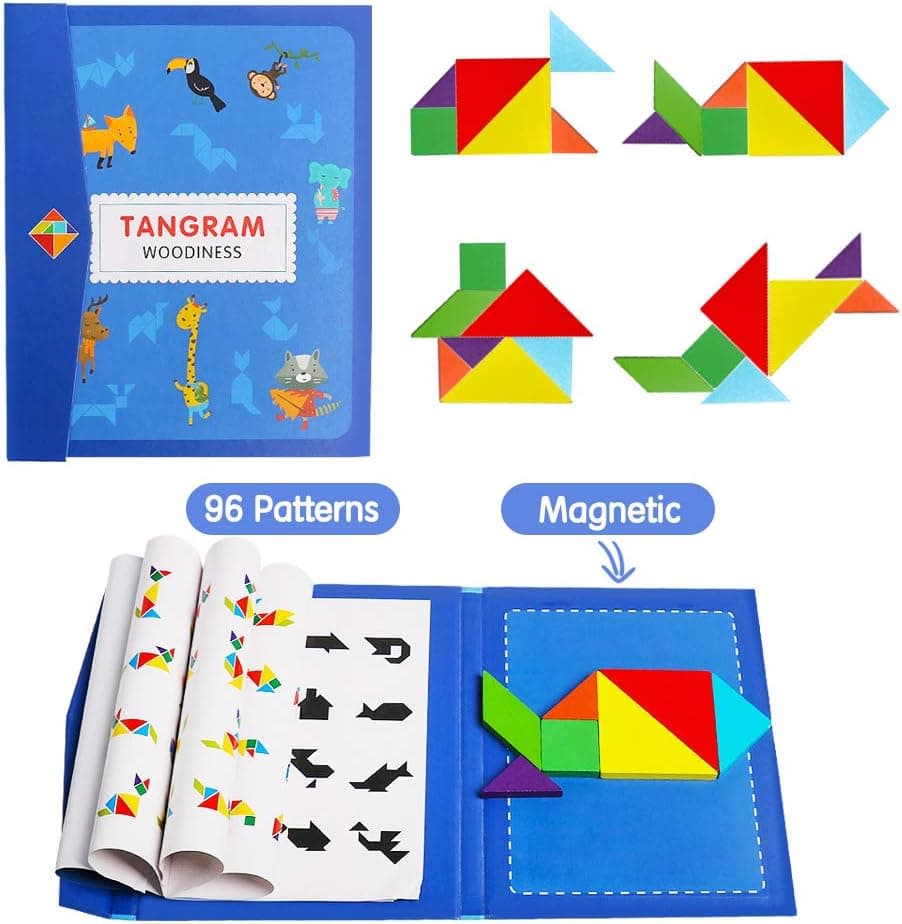USATDD Wooden Pattern Tangram Magnetic Puzzle Shape Blocks Road Trip Travel Games Brain Teasers Montessori Early Educational Learning IQ STEM Toy Gift for Kid Toddlers Adults Age 3+ Years Old