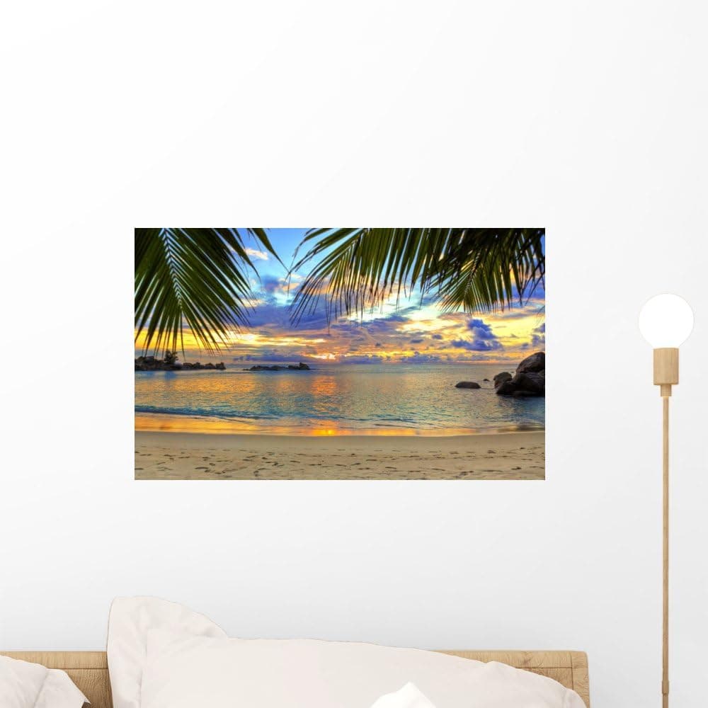 Wallmonkeys WM342214 Tropical Beach at Sunset Peel and Stick Wall Decals (18 in W x 11 in H), Small