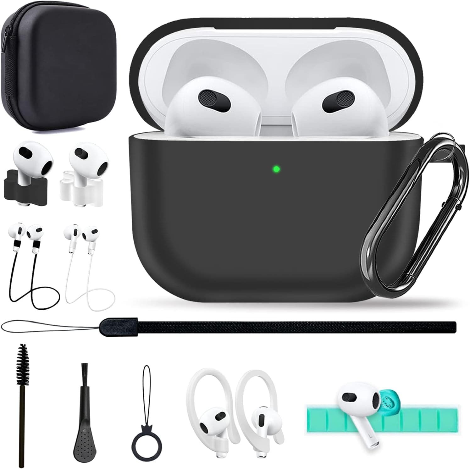 AirPods 3rd Generation Case,13 in 1 Silicone AirPods 3 Case Cover Accessories Set for AirPod 3rd Generation Charging Case (2021 Released),Anti-Lost Lanyards/Watch Band Holder/with Keychain-Black