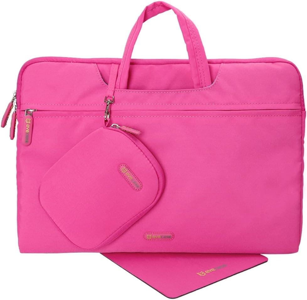 Evecase 15-15.6-inch Nylon Fiber Waterproof Universal Carrying Briefcase Bag with Handles + Acessories Bag + Mouse Pad for Notebook, Chromebook, Macbook, laptop and Ultrabooks - Hot Pink