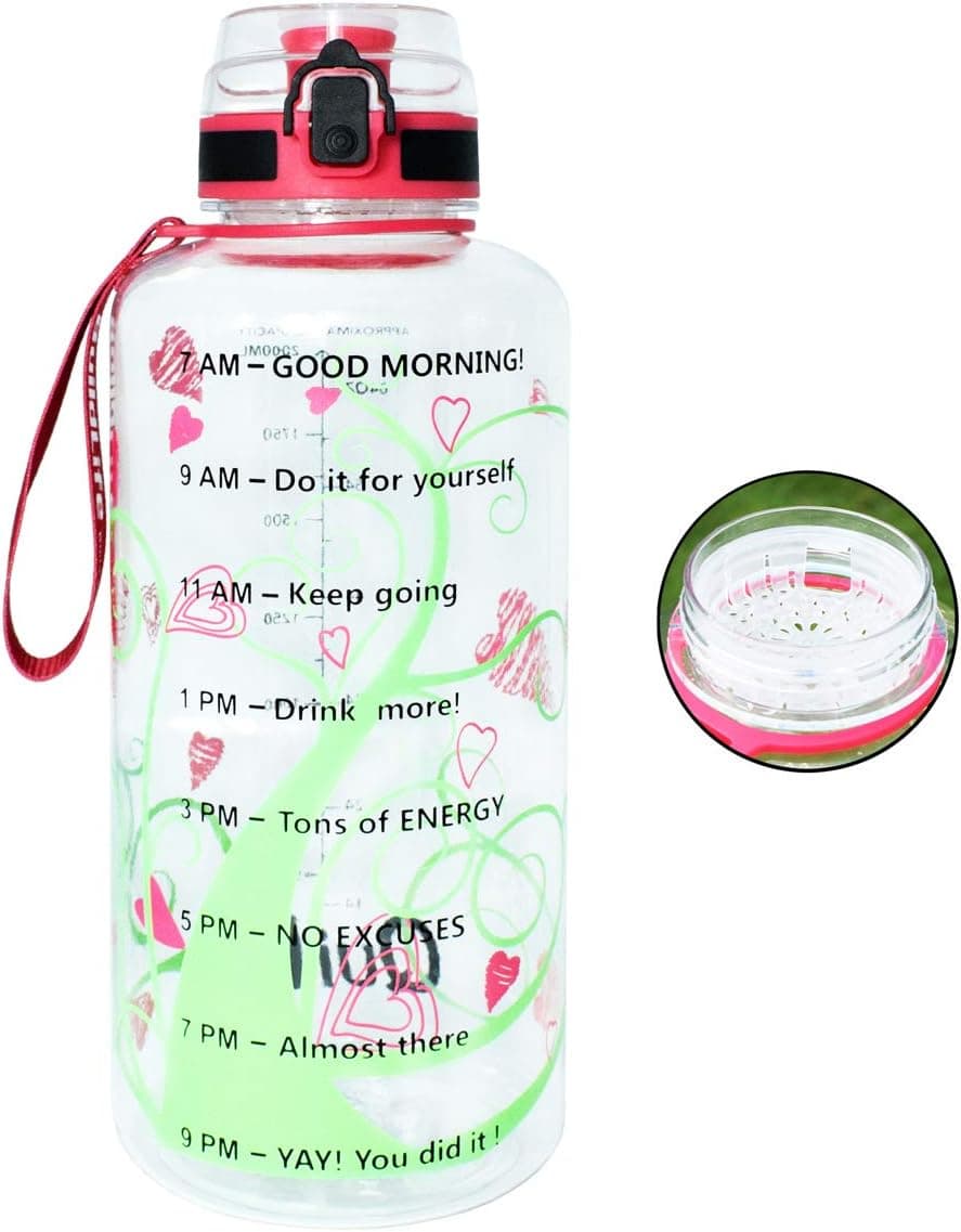 QuiFit 43 oz Motivational Water Bottle - with Time Marker & Strainer Leak-proof Durable BPA Free Large Capacity Infuser Fruit Water Bottle for Fitness Outdoor Enthusiasts(love tree,43 oz)