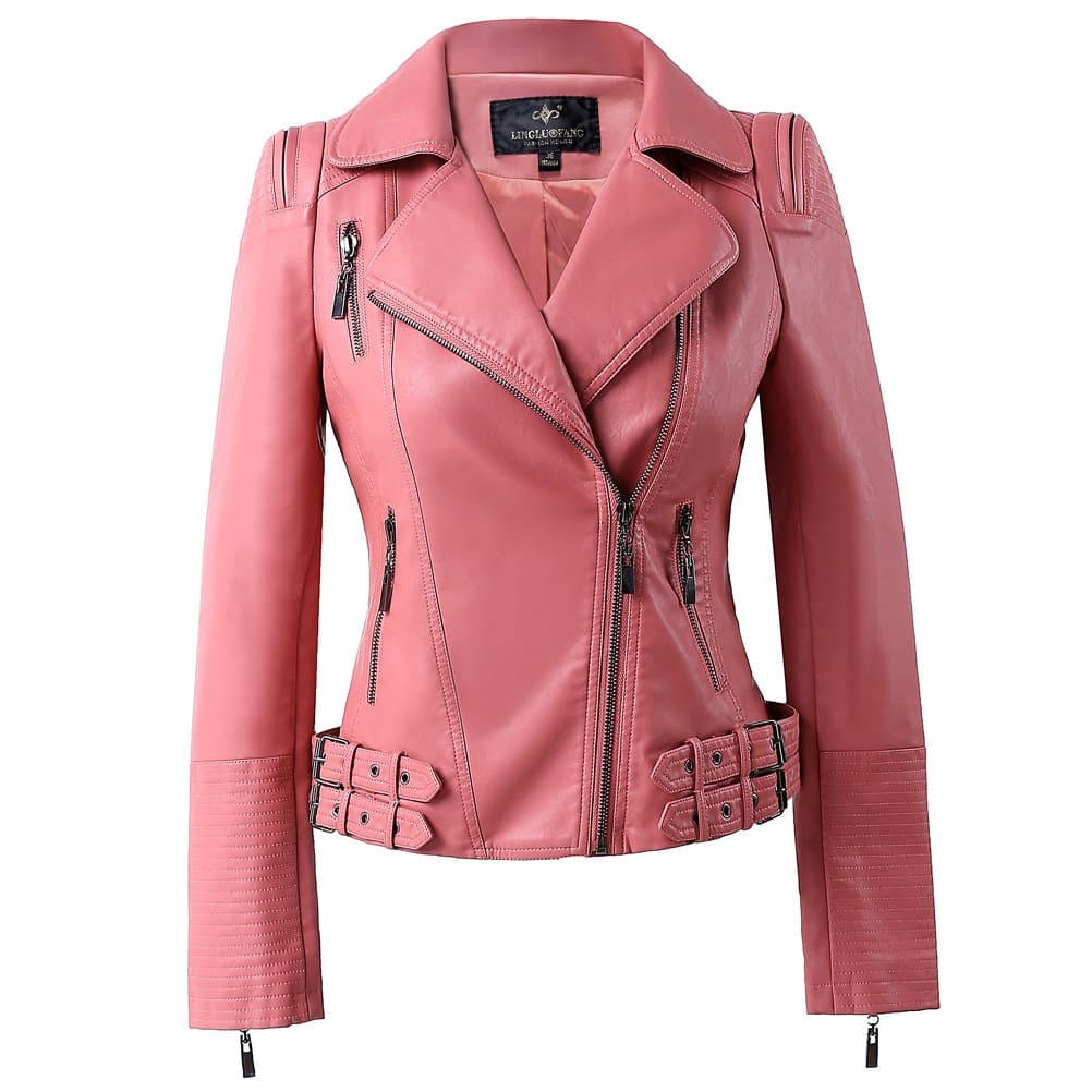 LingLuoFang LLF Womens Faux Leather Zip Up Moto Biker Jacket with Many Details Large Pink (15H102)