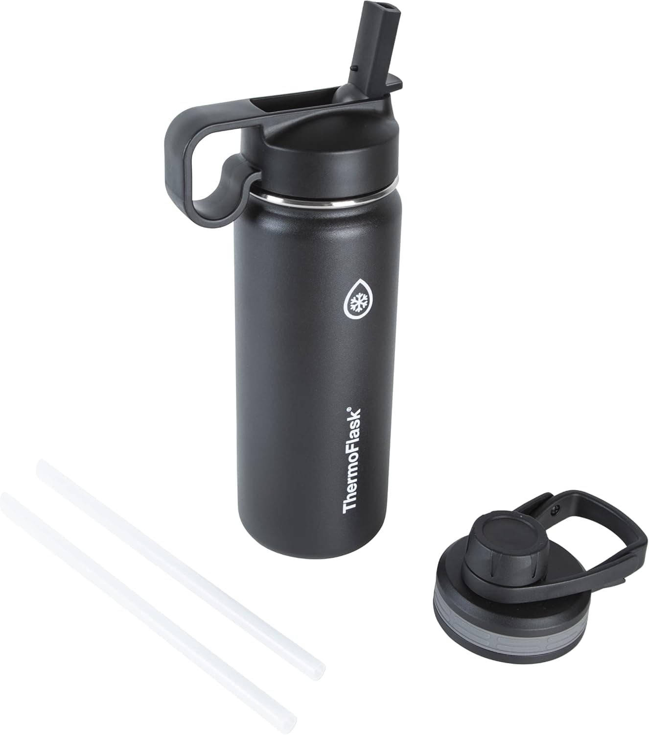 Thermoflask Double Wall Vacuum Insulated Stainless Steel Water Bottle with Two Lids, 18 oz, Black