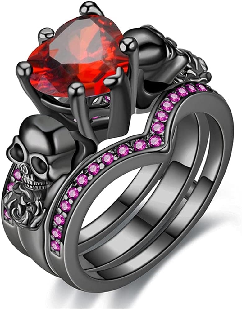 GTISKL Gothic Black Skull Engagement Ring Set Red Purple Heart shaped Zircon Crystal Wedding Anniversary Holiday Gift Jewelry Red 7