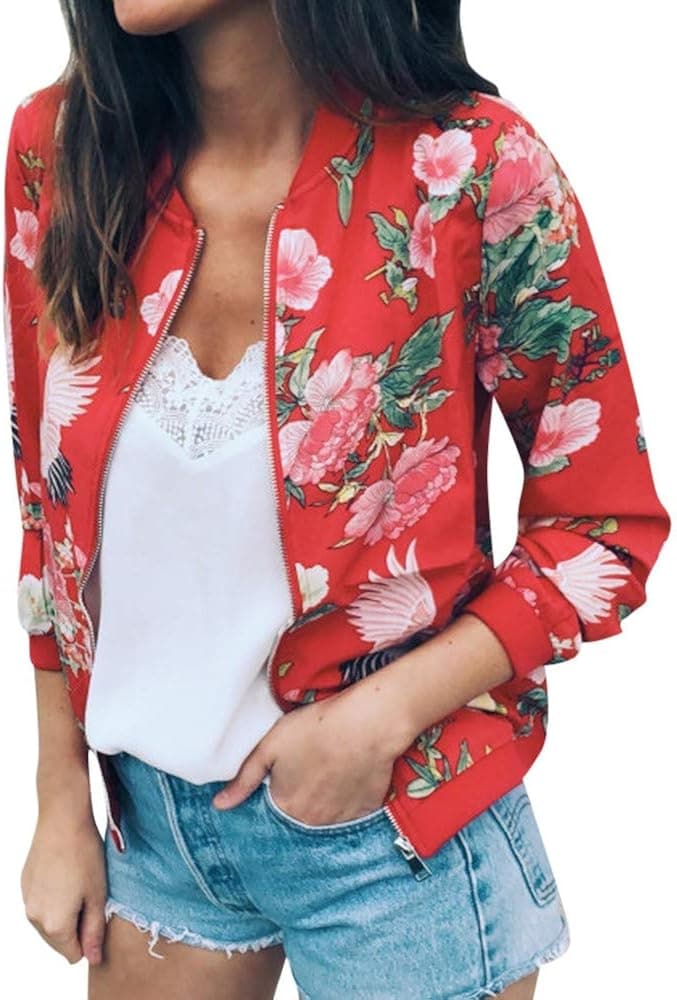 Women Retro Floral Zipper Bomber Jacket Long Sleeve Casual Chic Coat Streetwear