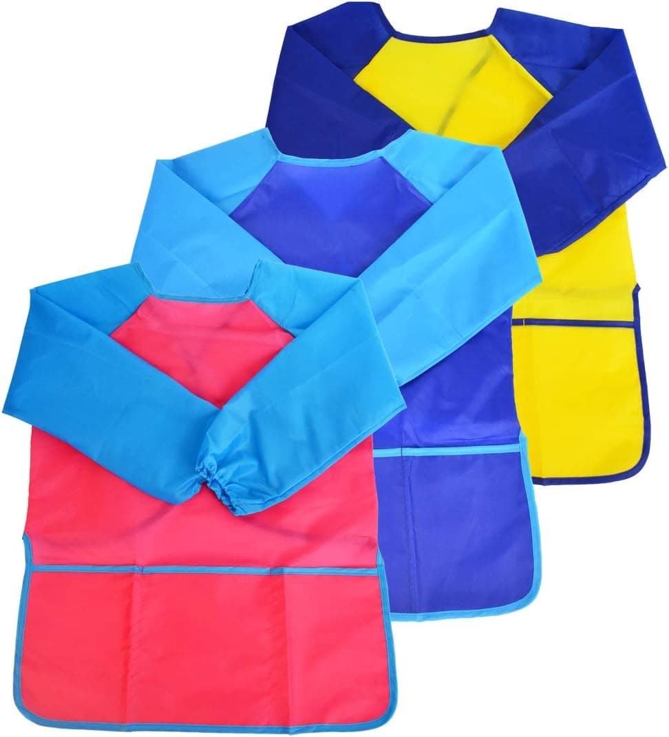 Bleiou 3 Pcs Kids Artist Painting Apron Waterproof Children Art Painting Smocks Long Sleeve with 3 Pockets