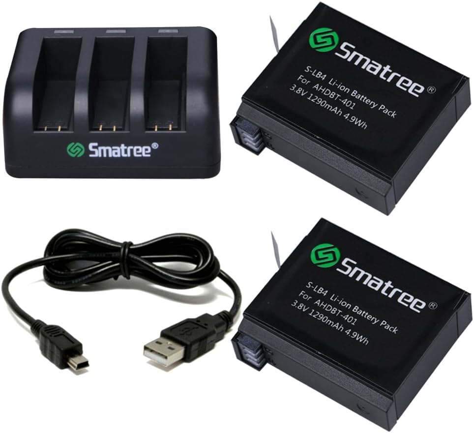 Smatree 1290mAh Replacement Battery Compatible for GoPro Hero4 (Pack of 2) Bundle with 3-Channel Charger and USB Cord