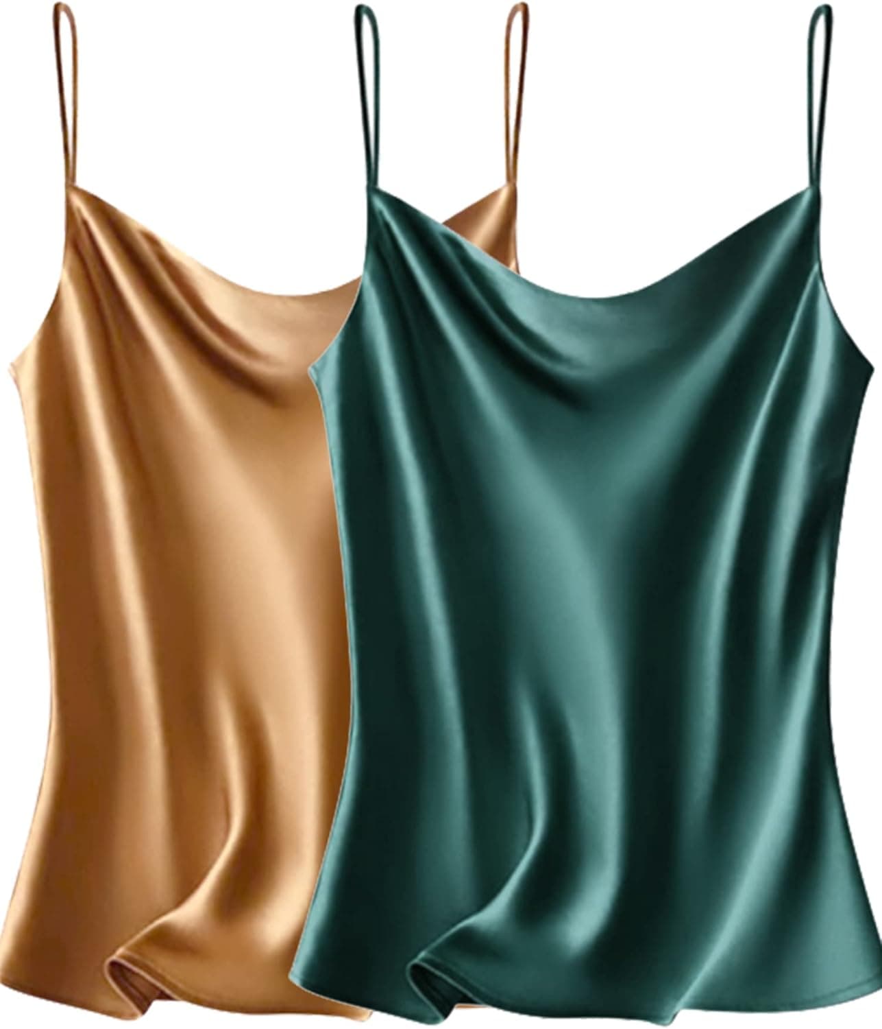 VIDUSSA Women's Cowl Neck Camis Satin Tank Top Silk Camisoles Sleeveless Blouses Tank Shirt 2 Pack