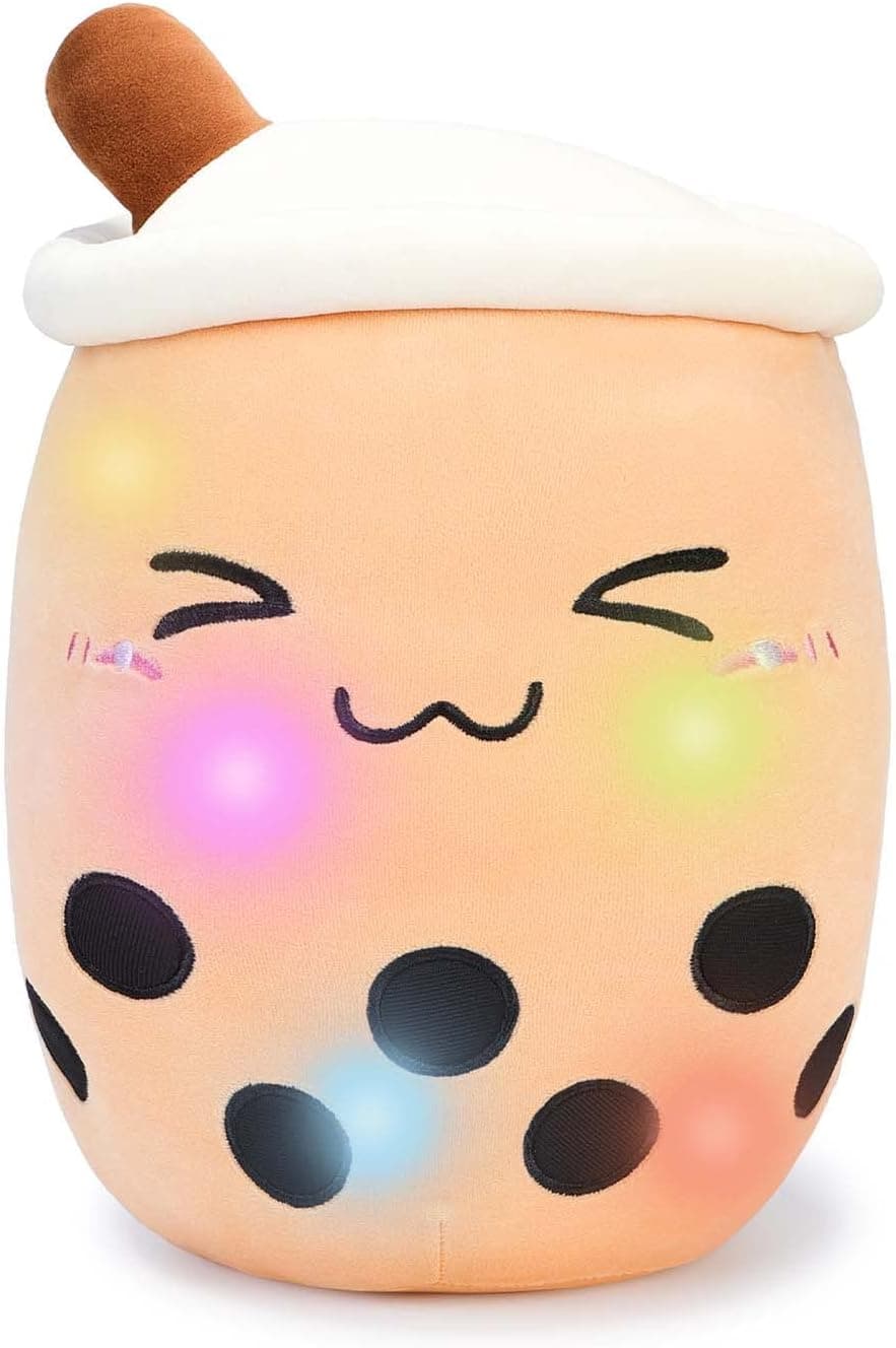 AIXINI Light up Boba Stuffed Plush Bubble Tea Pillow with LED Colorful Night Lights Glowing Super Soft-Brown,9.4''