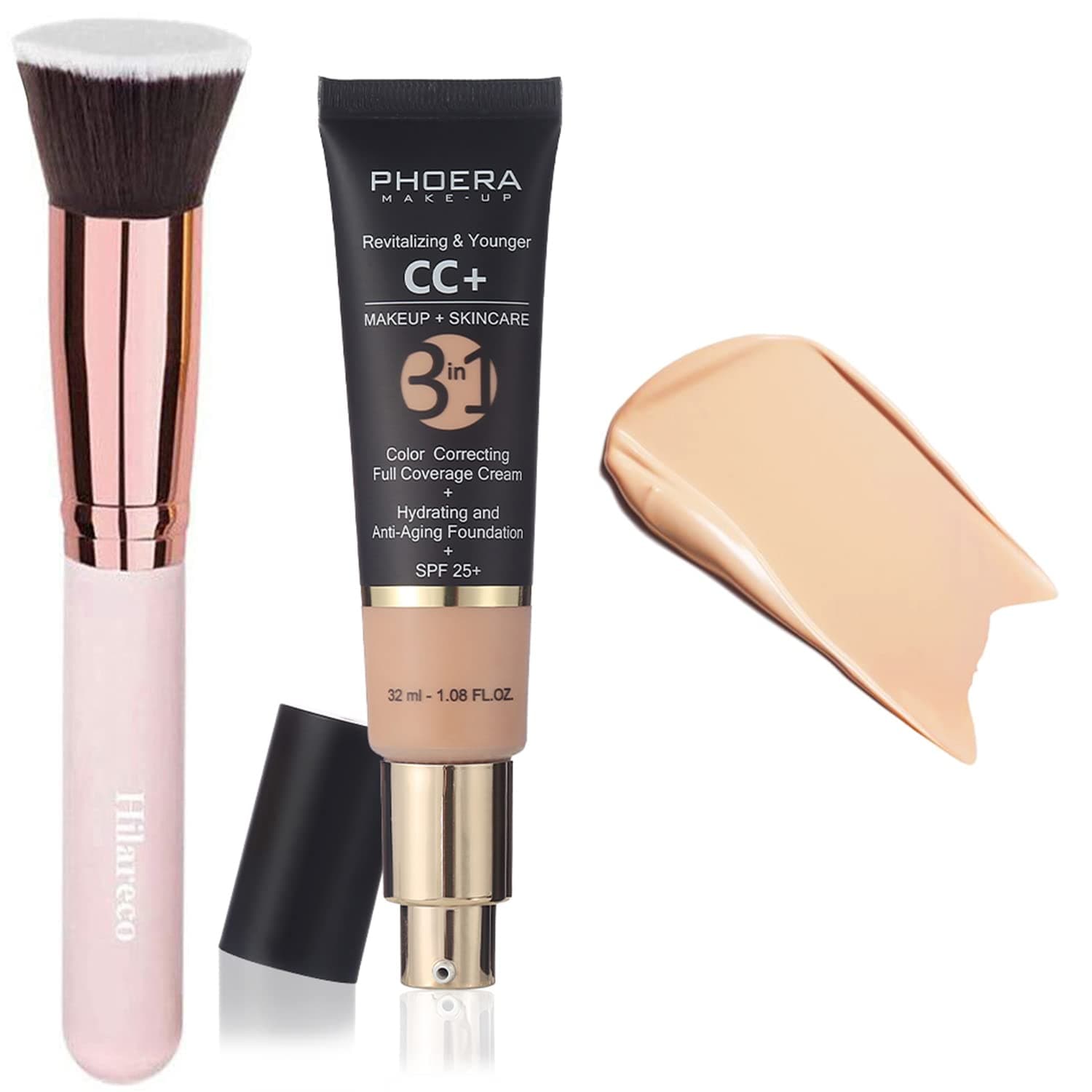 PHOERA CC+ Cream,Full Coverage Foundation,Color Correcting Cream,Anti Aging Hydrating Serum & SPF 25+ Sunscreen - Natural Finish - 1.08 fl oz (120 Nude)