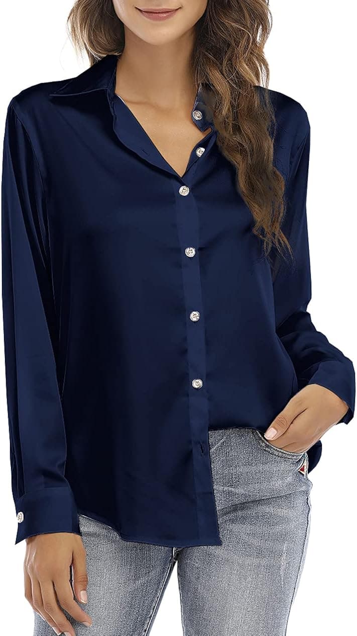 Womens Blouse Satin Silk Shirts Button Down Shirts Casual Loose Long Sleeve Business Casual Tops