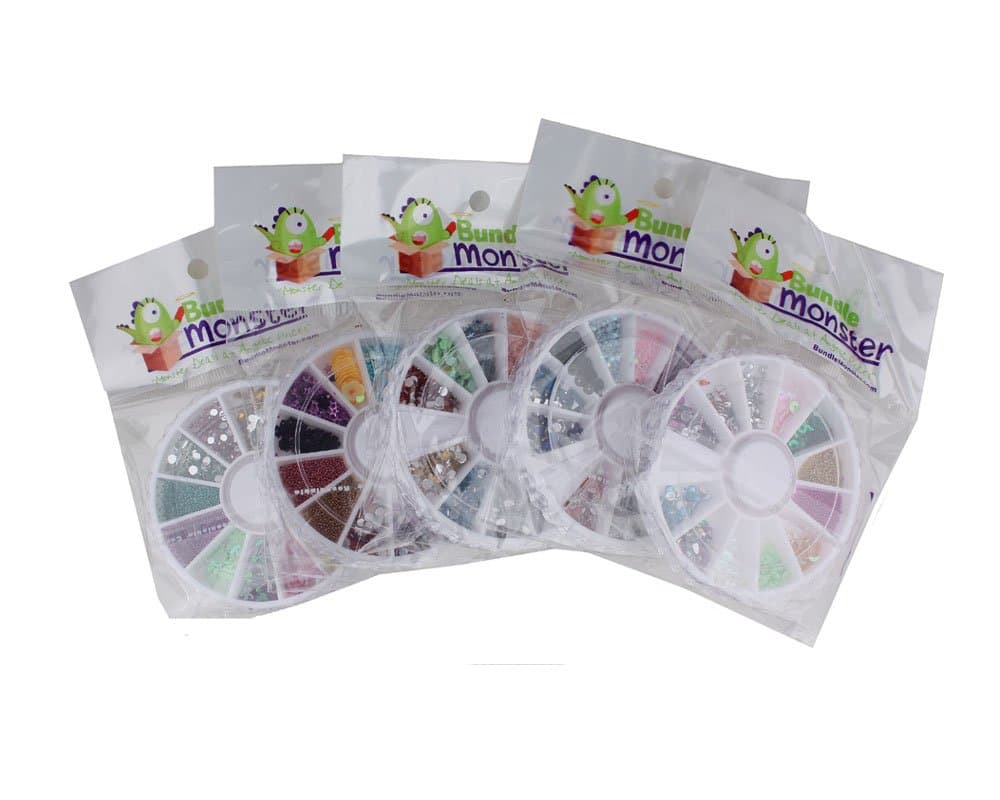Bundle Monster 5 Nail Art Nailart Manicure Wheels w/ 3D Designs Glitters Rhinestones Beads - total over 7000pc
