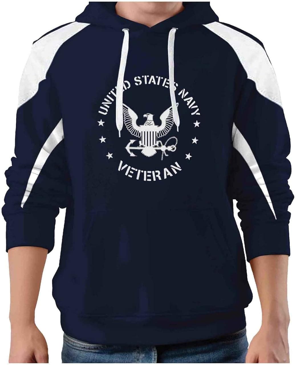 VetFriends.com US Navy Veteran Hooded Sweatshirt - Officially Licensed Eagle Logo (Navy & White)